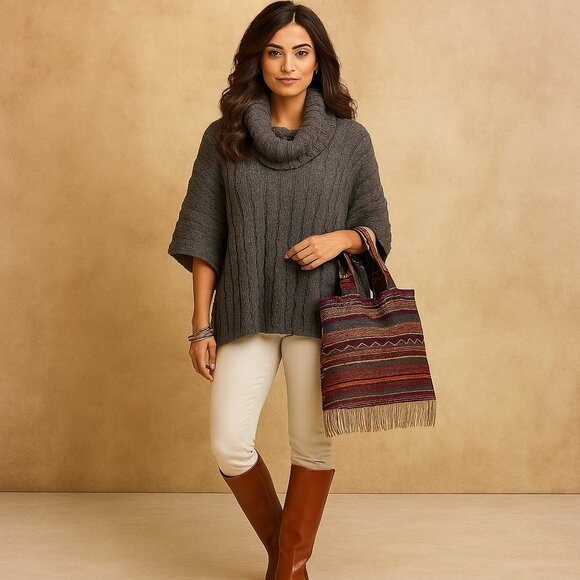 Dylan Boho Chunky Cable Knit Turtleneck Sweater Poncho Shrug Cape Hooded Gray - Picture 3 of 15